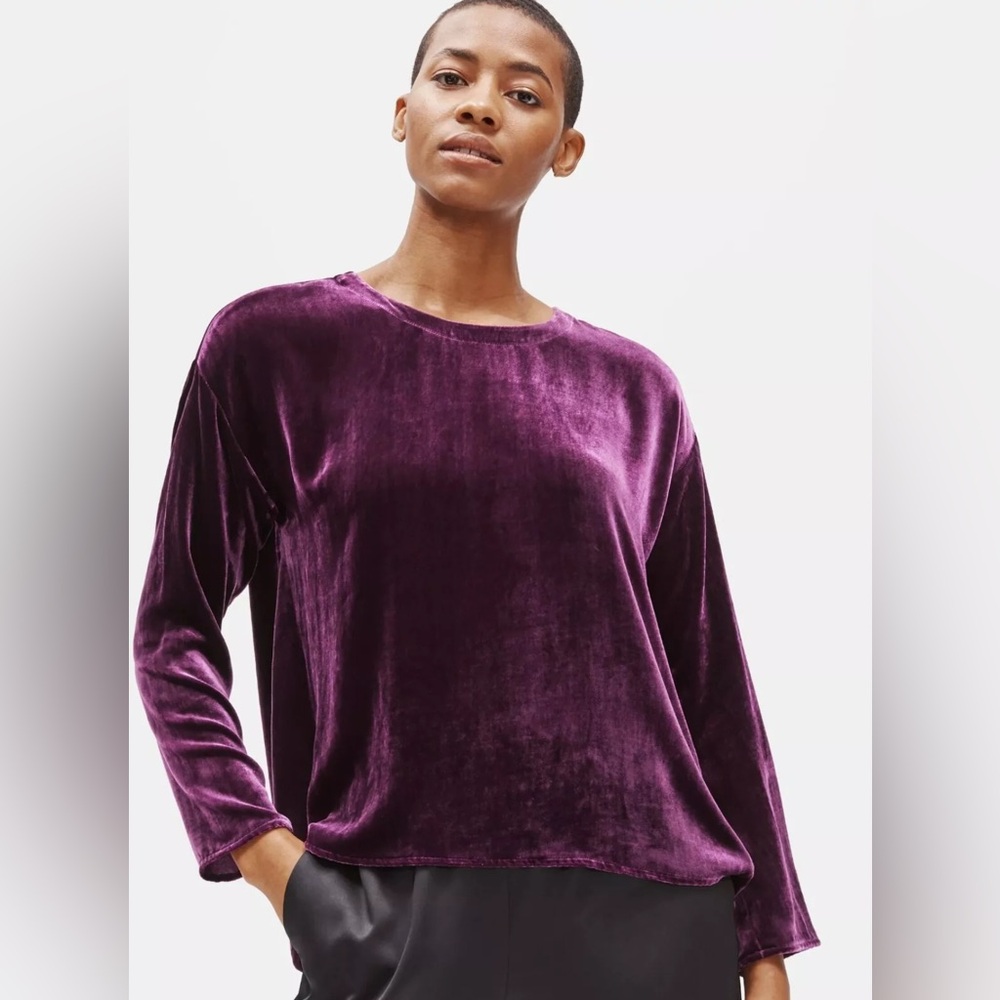 Eileen Fisher Silk Blend Velvet Round Neck Box Top in Raisin Size Small